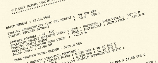 Zpráva z prvního měření hydraulických parametrů s využitím popisované metody v říjnu 1983 na úseku DN 900 DP 61 o délce 22,88 km