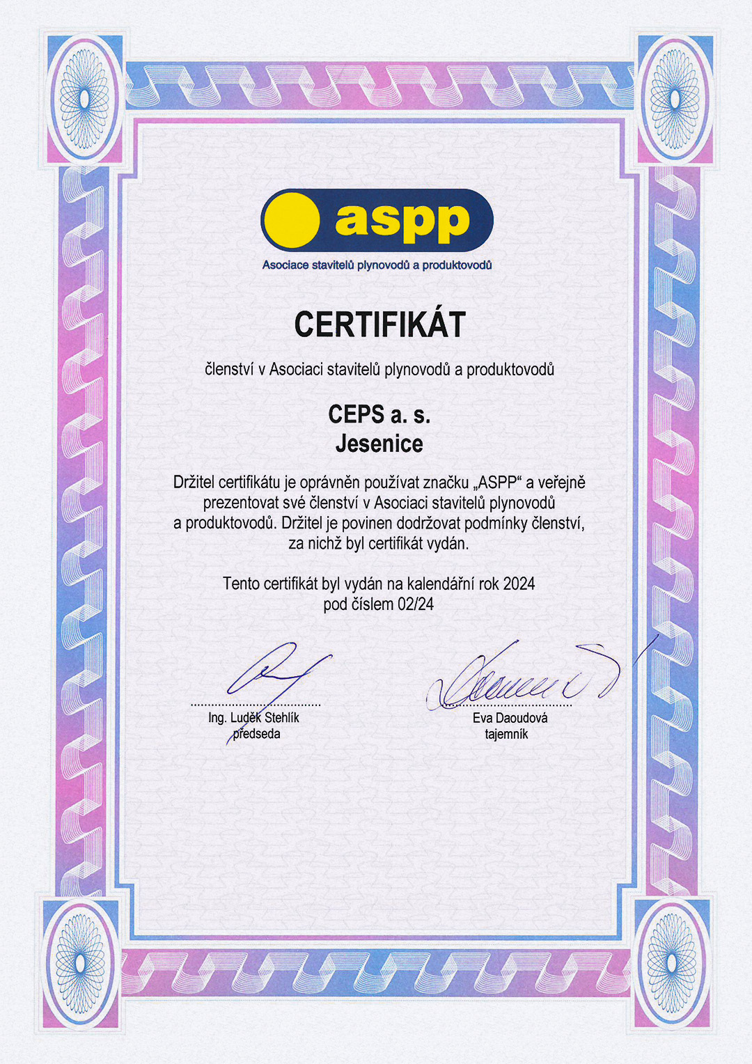Certifikát členství v Asociaci stavitelů plynovodů a produktovodů (Certifikát č. 02/24)