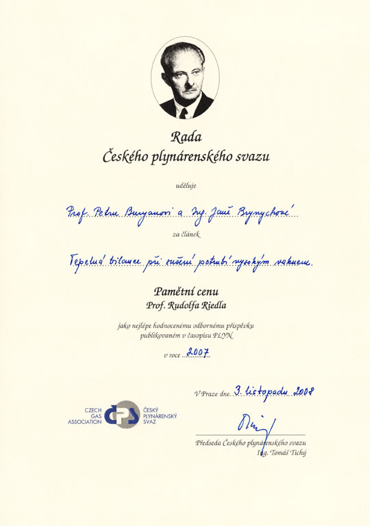 Pamětní cena Prof. Rudolfa Riedla za nejlépe hodnocený odborný příspěvek v časopisu Plyn