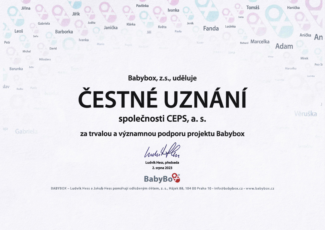 Čestné uznání společnosti CEPS za trvalou a významnou podporu projektu Babybox