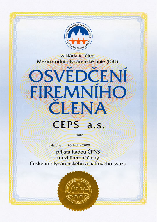 The certificate of company member of the Czech Gas Association