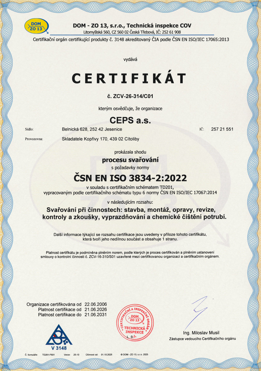 Certifikát procesu svařování podle ČSN EN ISO 3834-2:2022