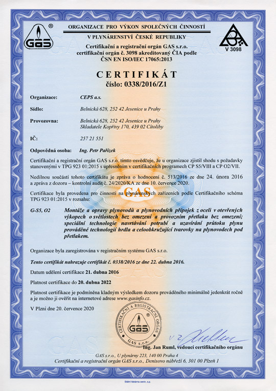 Certifikát systému GAS číslo 0338/2016/Z1