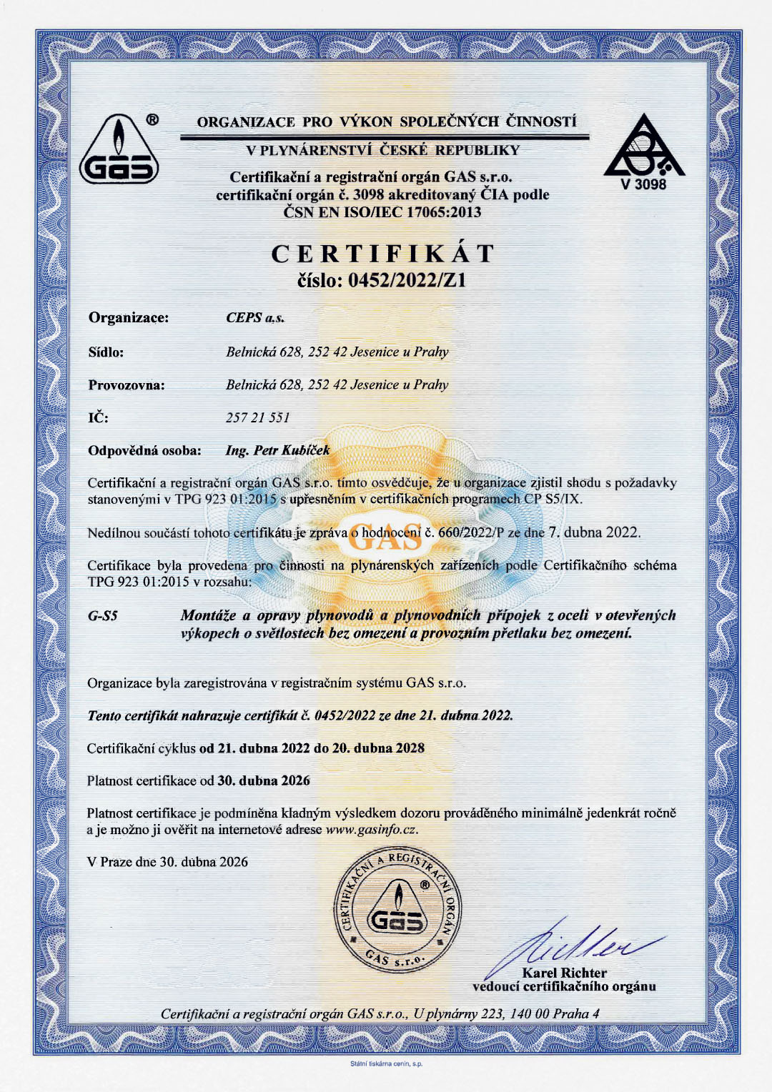 Certifikát systému GAS číslo 0452/2022/Z1
