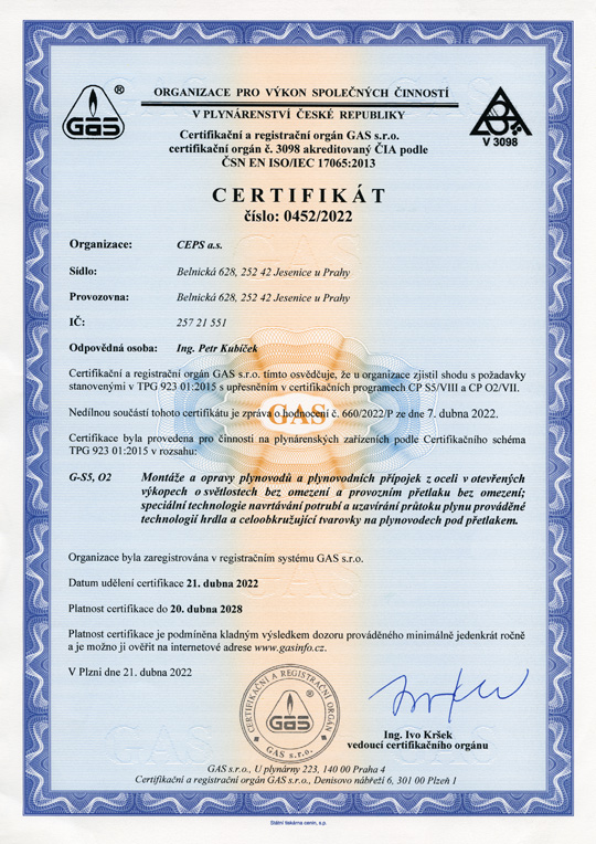 Certificate of the system GAS No. 0452/2022