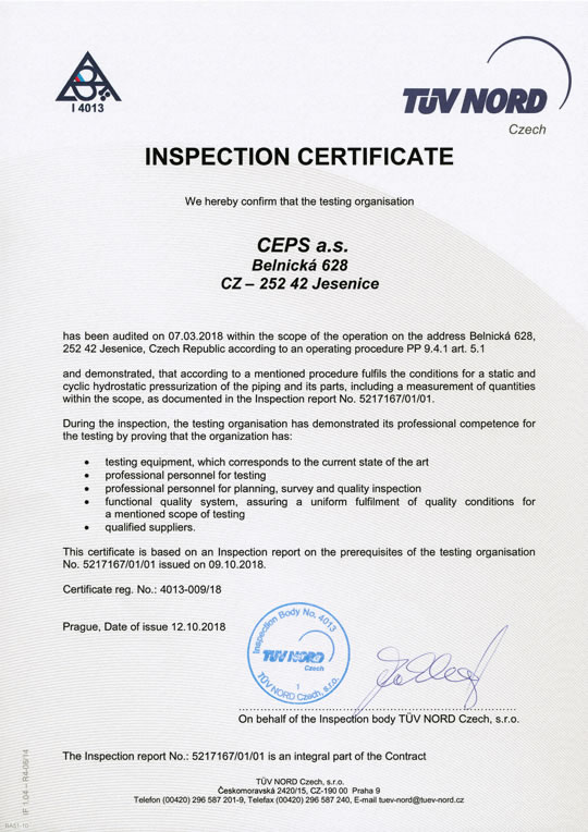 Inspection certificate (Certificate Number 4013-009/18)