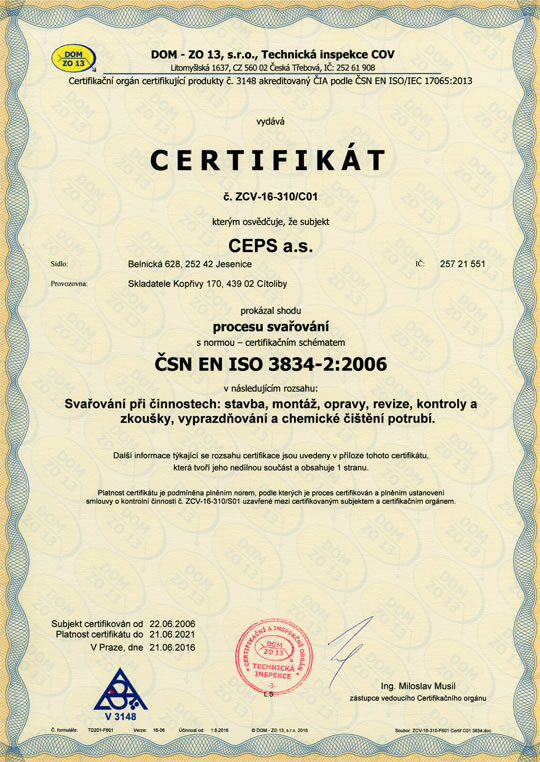 Certifikát procesu svařování podle ČSN EN ISO 3834-2:2006 (Certifikát č. ZCV-16-310/C01)