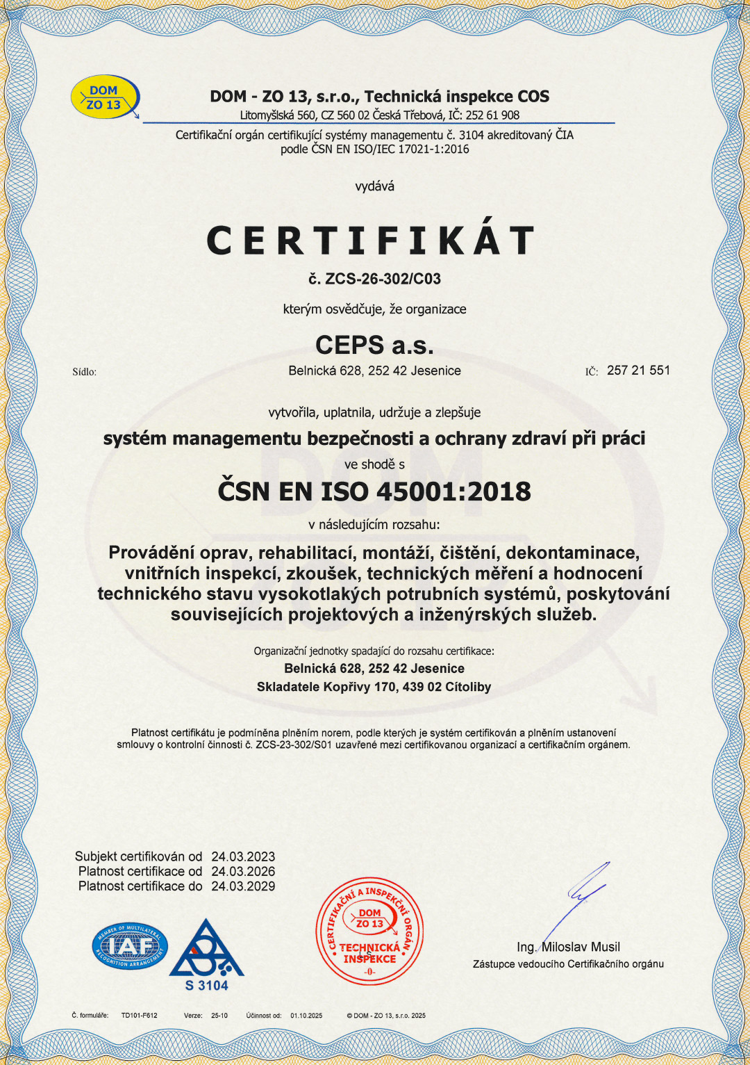 Certifikát systému managementu bezpečnosti a ochrany zdraví při práci ve shodě s ČSN EN ISO 45001:2018