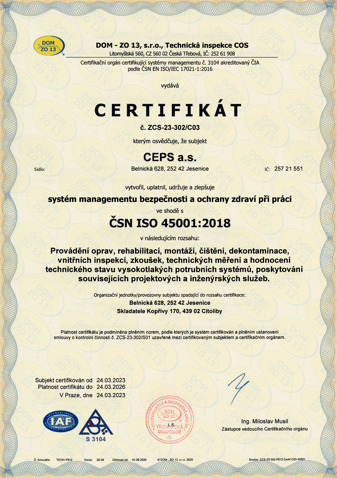 Certifikát systému managementu bezpečnosti a ochrany zdraví při práci ve shodě s ČSN EN ISO 45001:2018