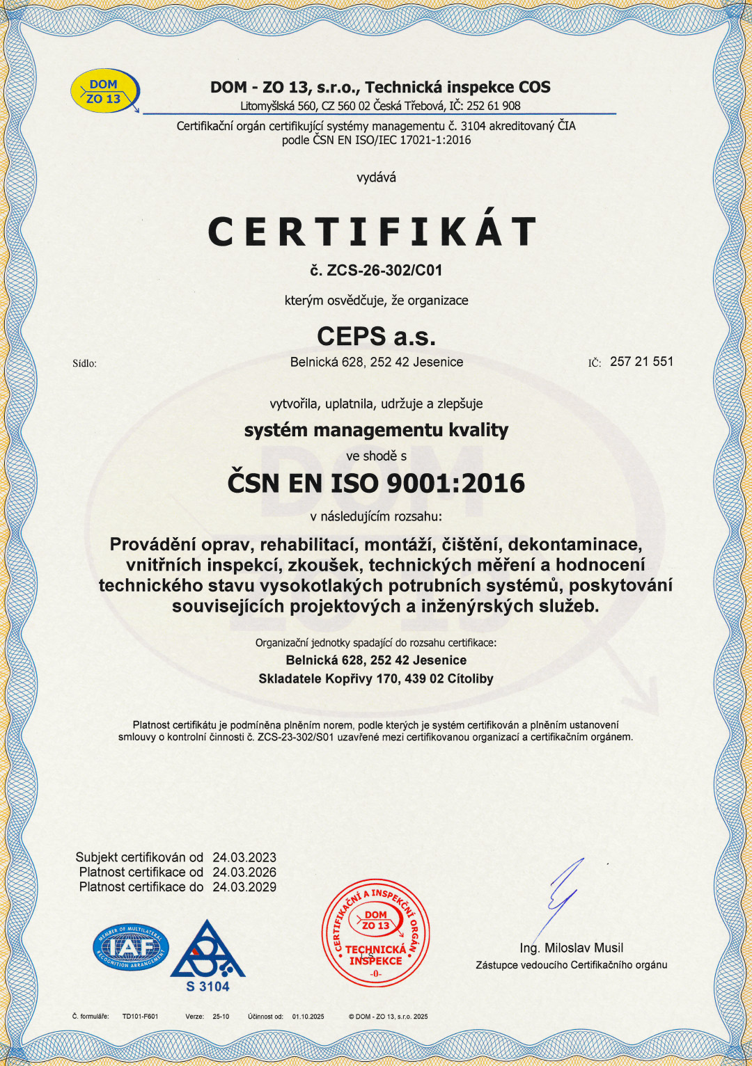 Certifikát systému managementu kvality podle ISO 9001:2015