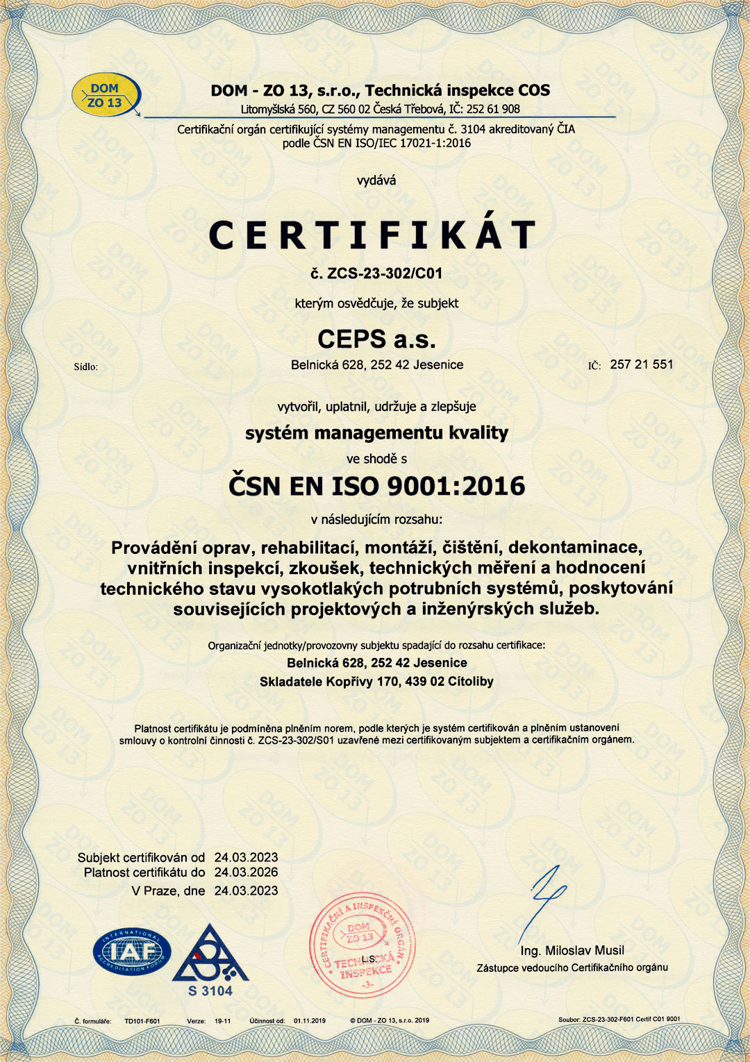 Certifikát systému managementu kvality podle ISO 9001:2015