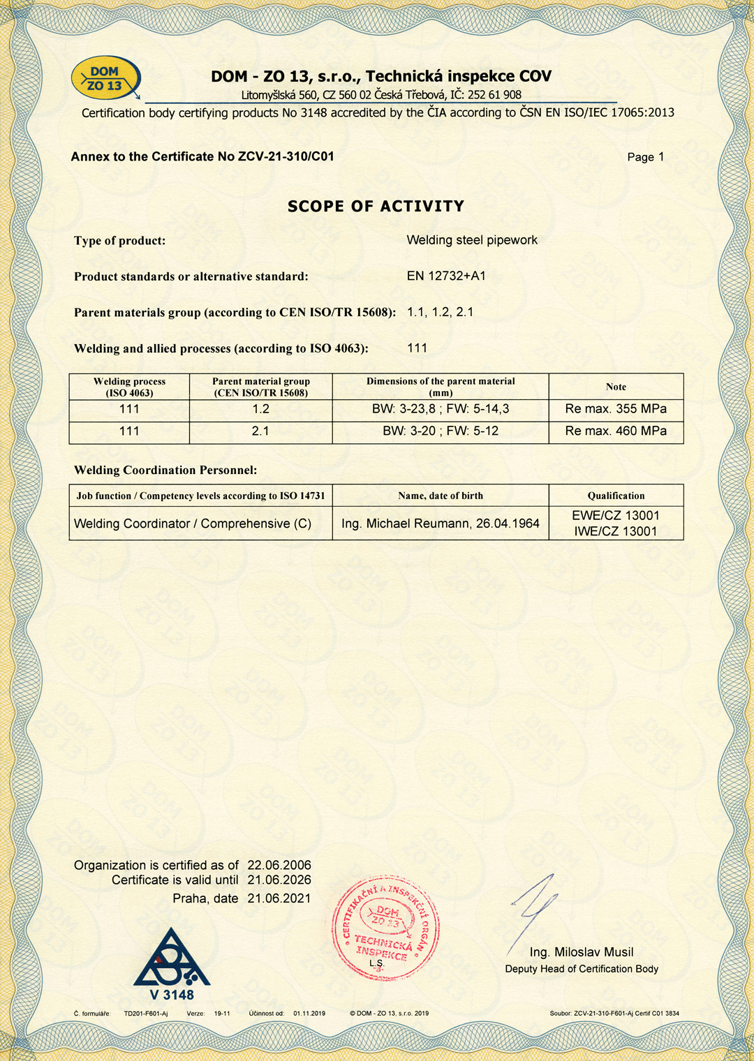ISO 3834-2:2005 Welding process certificate — CEPS a.s.
