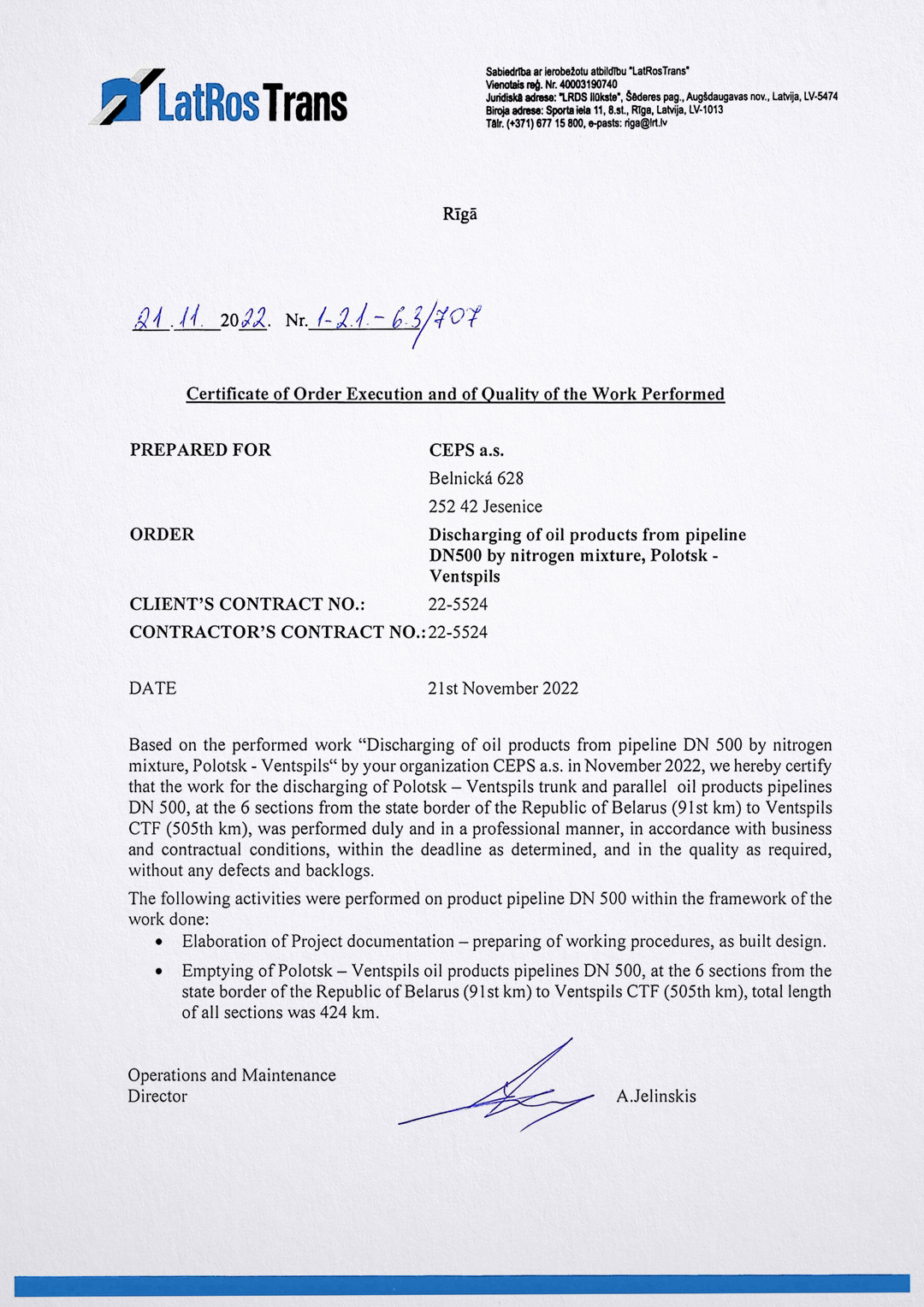 Certificate of order execution and of quality of the work performed