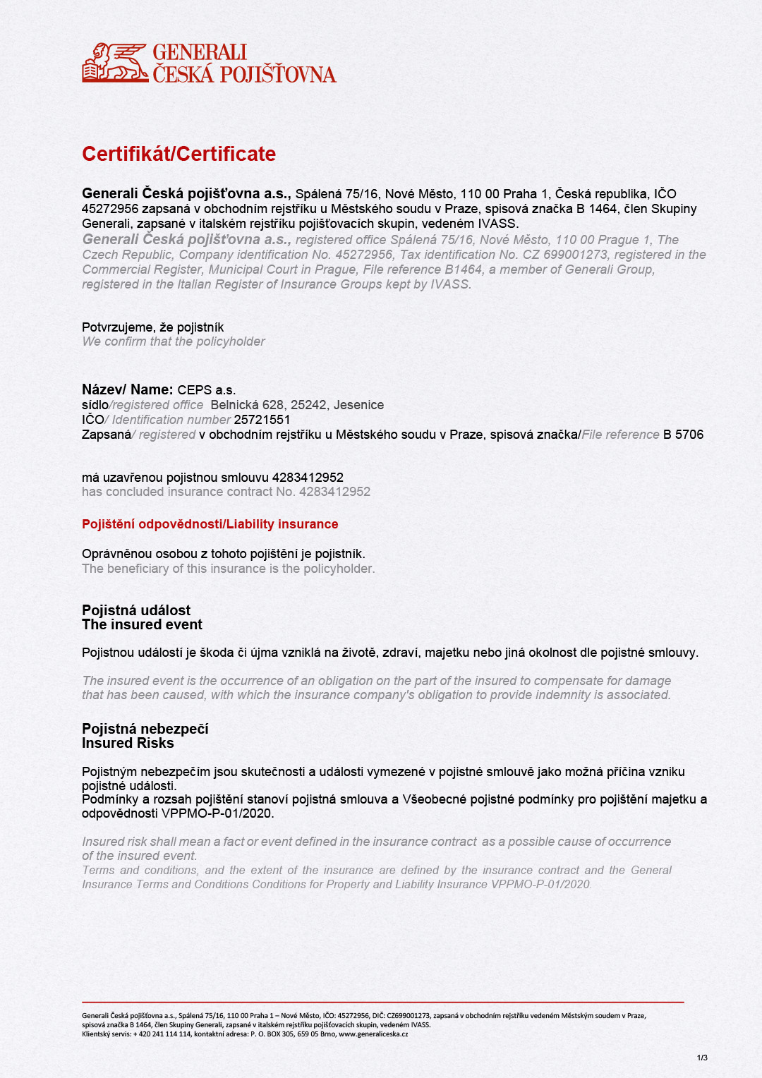Certificate of Insurance (page 1)