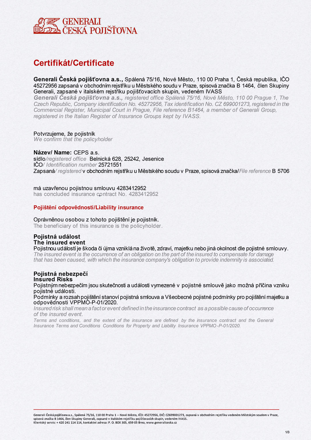 Certificate of Insurance (page 1)