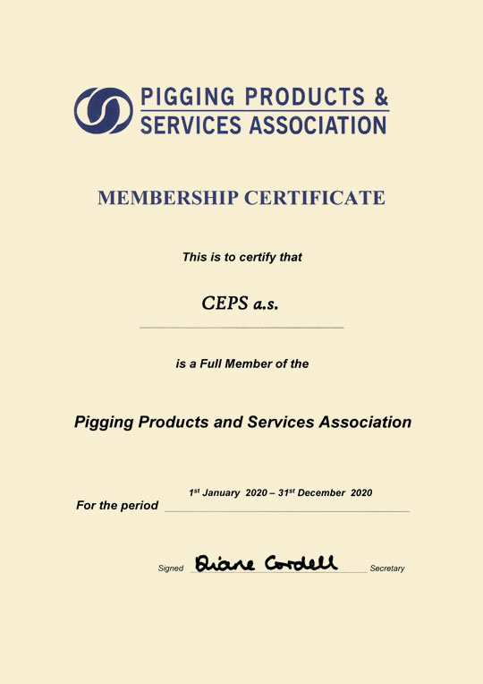 Pigging Products and Services Association Membership certificate