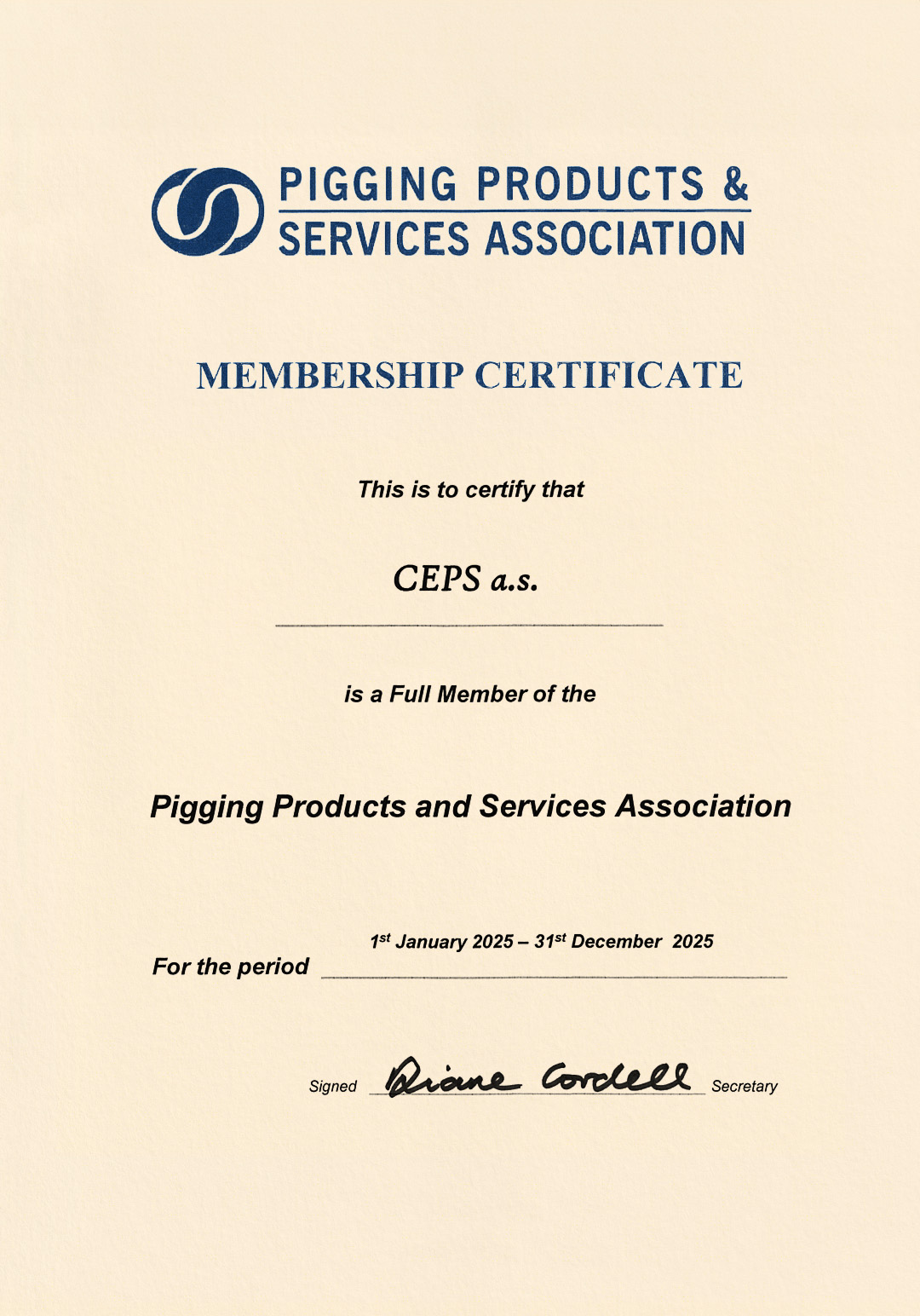 Pigging Products and Services Association Membership certificate